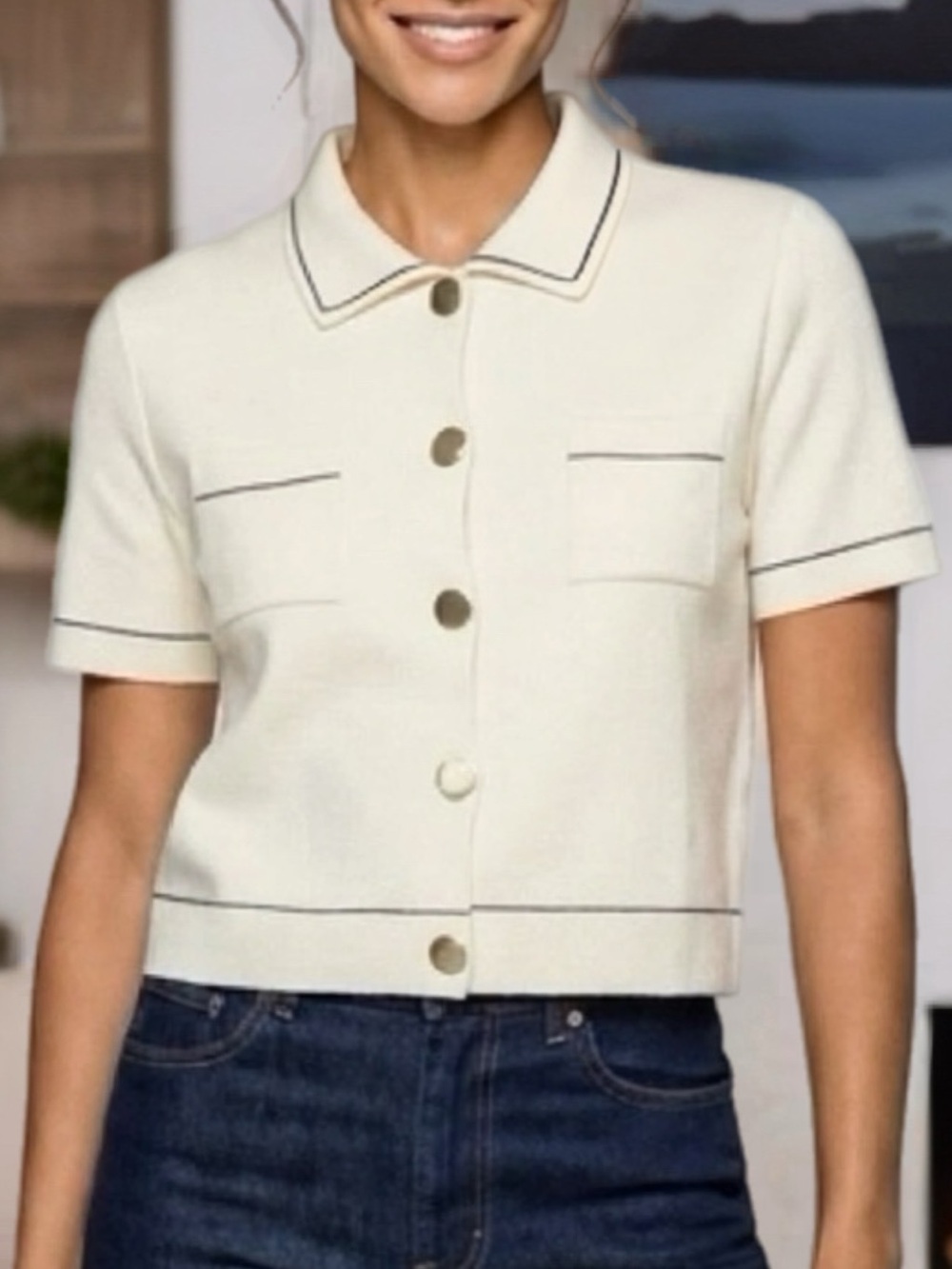 Mango NWT Contrast Trim Knit Cardigan XL Vespa Short Sleeve Cream